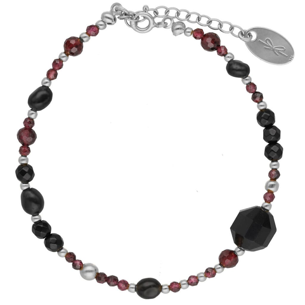 Bransoletka granat onyks obsydian srebrna