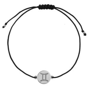 Damska bransoletka dla Bliźniąt na czarnym sznurku z celebrytką z grawerem znaku zodiaku Bliźnięta