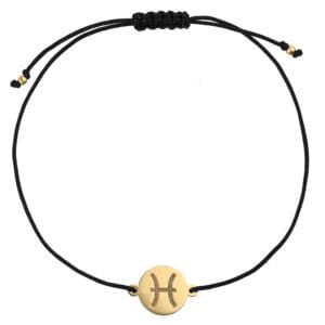 Bransoletka dla Ryb czarny sznurek z celebrytką. Bransoletka srebrna pozłacana na czarnym sznurku