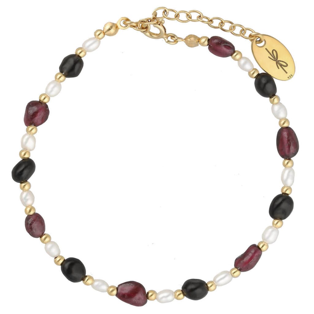 Bransoletka obsydian granat i perły pozłacana