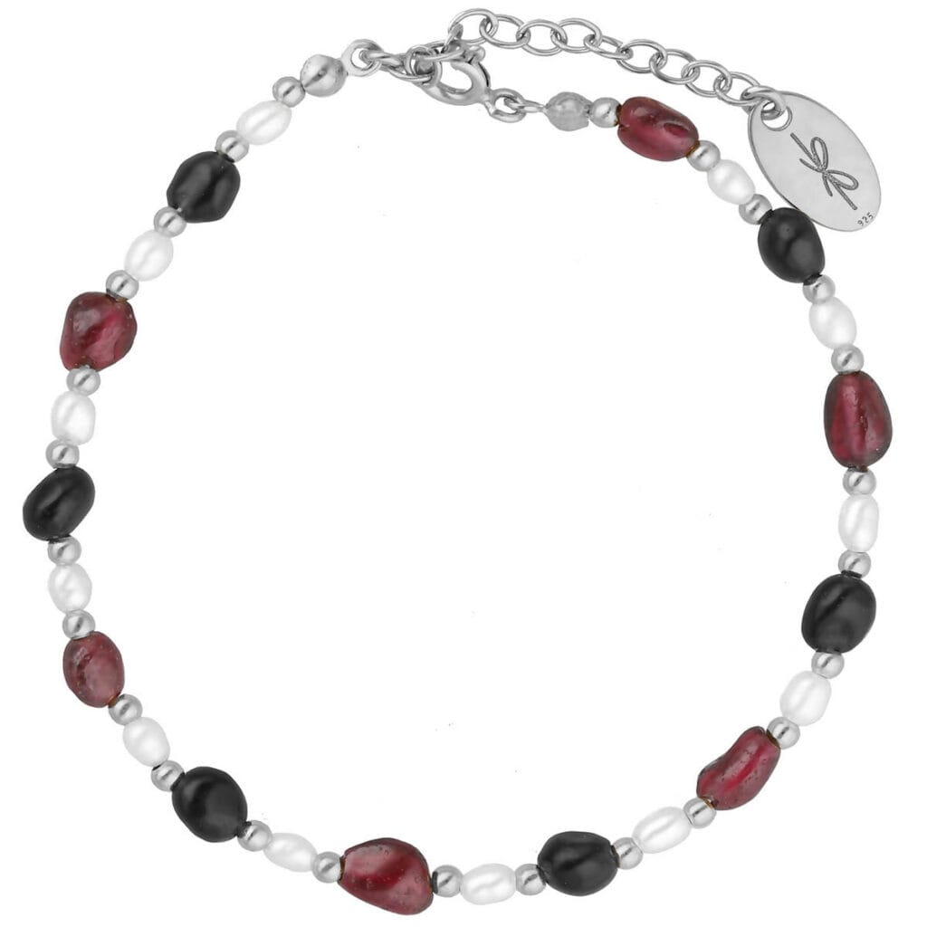 Bransoletka z obsydianem granatem i perłami srebrna