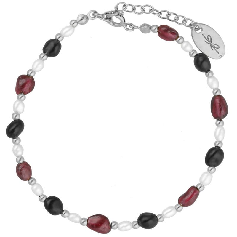Srebrna bransoletka z granatem, obsydianem i perłami